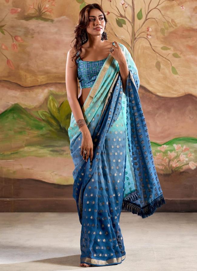 Banarasi Butti Georgette  Blue Festival Wear Zari Work Saree